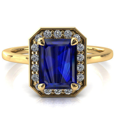 Holly Emerald Blue Sapphire 4 Prong Pinpoint Floating Halo Scalloped Cathedral Ring-FIRE & BRILLIANCE