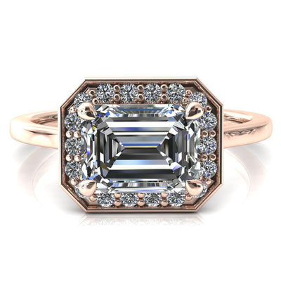 Holly Emerald Moissanite East-West 4 Prong Pinpoint Floating Halo Scalloped Cathedral Ring-FIRE & BRILLIANCE