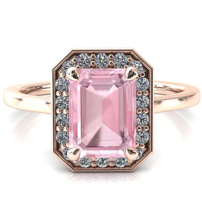 Holly Emerald Pink Sapphire 4 Prong Pinpoint Floating Halo Scalloped Cathedral Ring-FIRE & BRILLIANCE