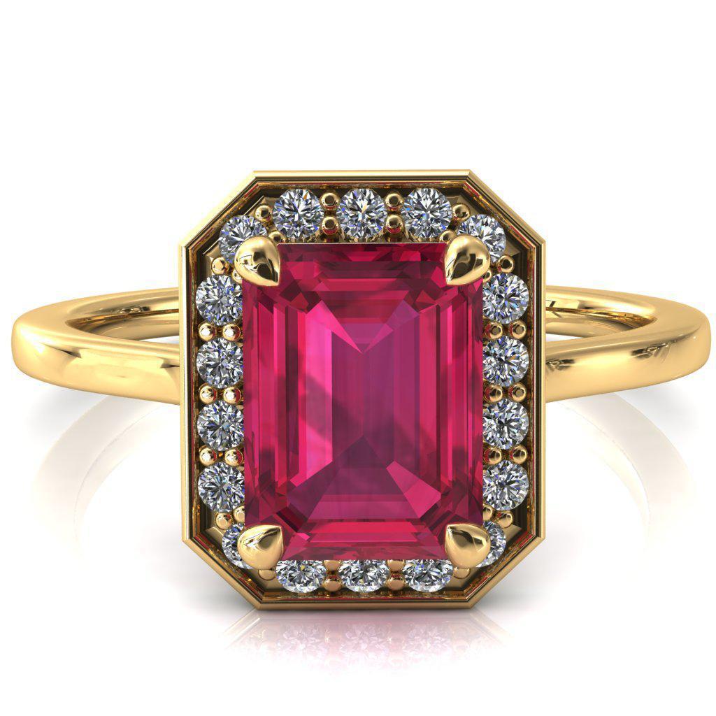 Holly Emerald Ruby 4 Prong Pinpoint Floating Halo Scalloped Cathedral Ring-FIRE & BRILLIANCE