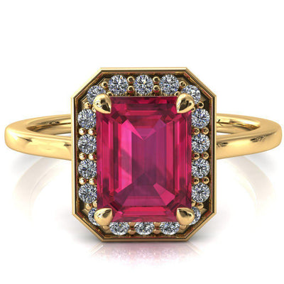 Holly Emerald Ruby 4 Prong Pinpoint Floating Halo Scalloped Cathedral Ring-FIRE & BRILLIANCE