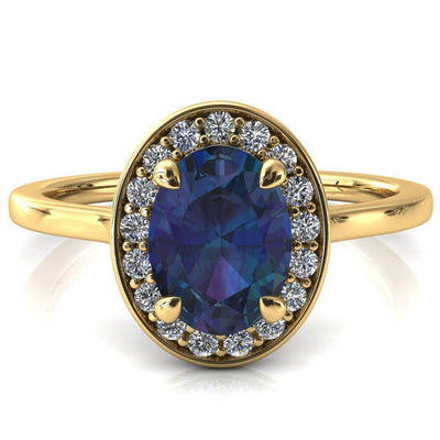 Holly Oval Alexandrite 4 Prong Pinpoint Floating Halo Scalloped Cathedral Ring-FIRE & BRILLIANCE