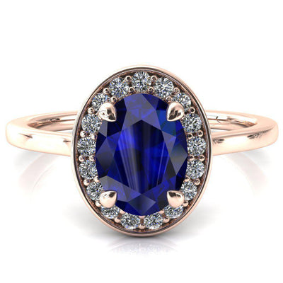 Holly Oval Blue Sapphire 4 Prong Pinpoint Floating Halo Scalloped Cathedral Ring-FIRE & BRILLIANCE