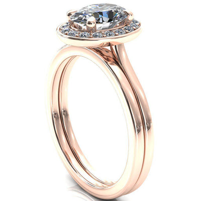 Holly Oval Moissanite 4 Prong Pinpoint Floating Halo Scalloped Cathedral Ring-FIRE & BRILLIANCE