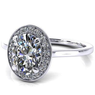 Holly Oval Moissanite 4 Prong Pinpoint Floating Halo Scalloped Cathedral Ring-FIRE & BRILLIANCE