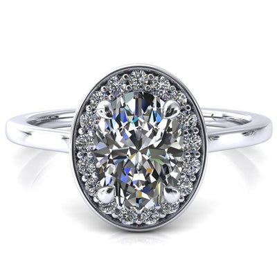 Holly Oval Moissanite 4 Prong Pinpoint Floating Halo Scalloped Cathedral Ring-FIRE & BRILLIANCE