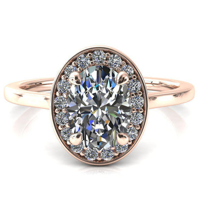 Holly Oval Moissanite 4 Prong Pinpoint Floating Halo Scalloped Cathedral Ring-FIRE & BRILLIANCE