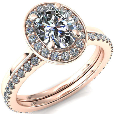 Holly Oval Moissanite 4 Prong Pinpoint Floating Halo Scalloped Cathedral Ring-FIRE & BRILLIANCE