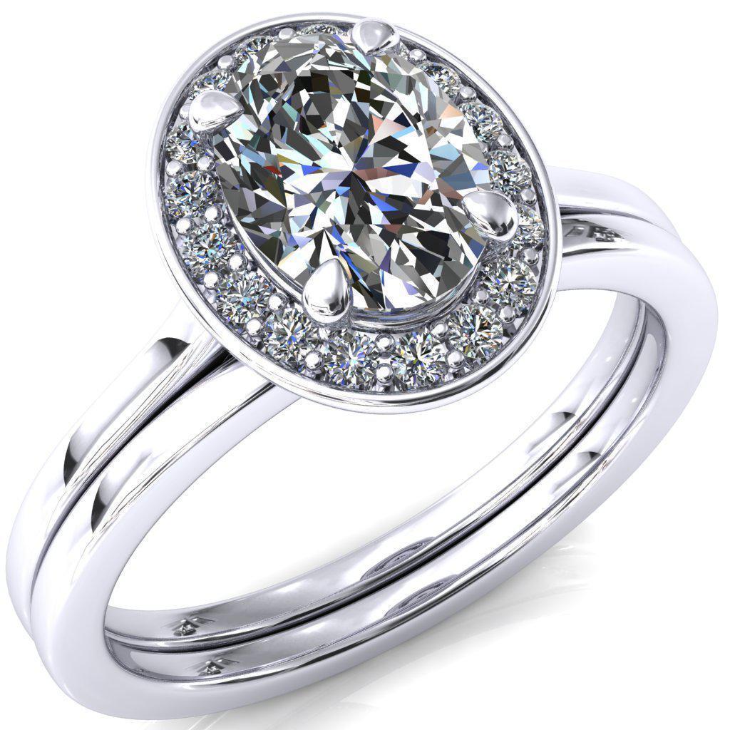 Holly Oval Moissanite 4 Prong Pinpoint Floating Halo Scalloped Cathedral Ring-FIRE & BRILLIANCE