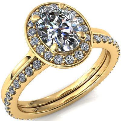 Holly Oval Moissanite 4 Prong Pinpoint Floating Halo Scalloped Cathedral Ring-FIRE & BRILLIANCE