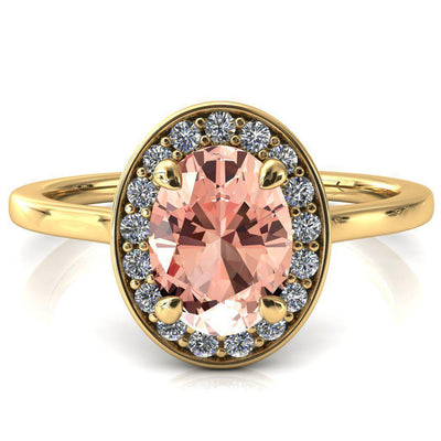 Holly Oval Champagne Sapphire 4 Prong Pinpoint Floating Halo Scalloped Cathedral Ring-FIRE & BRILLIANCE