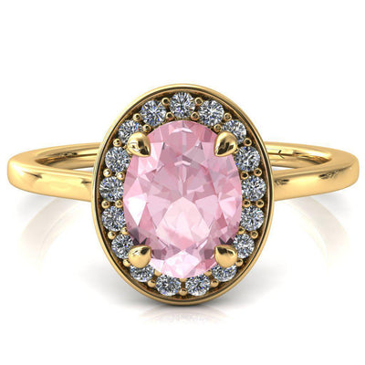 Holly Oval Pink Sapphire 4 Prong Pinpoint Floating Halo Scalloped Cathedral Ring-FIRE & BRILLIANCE