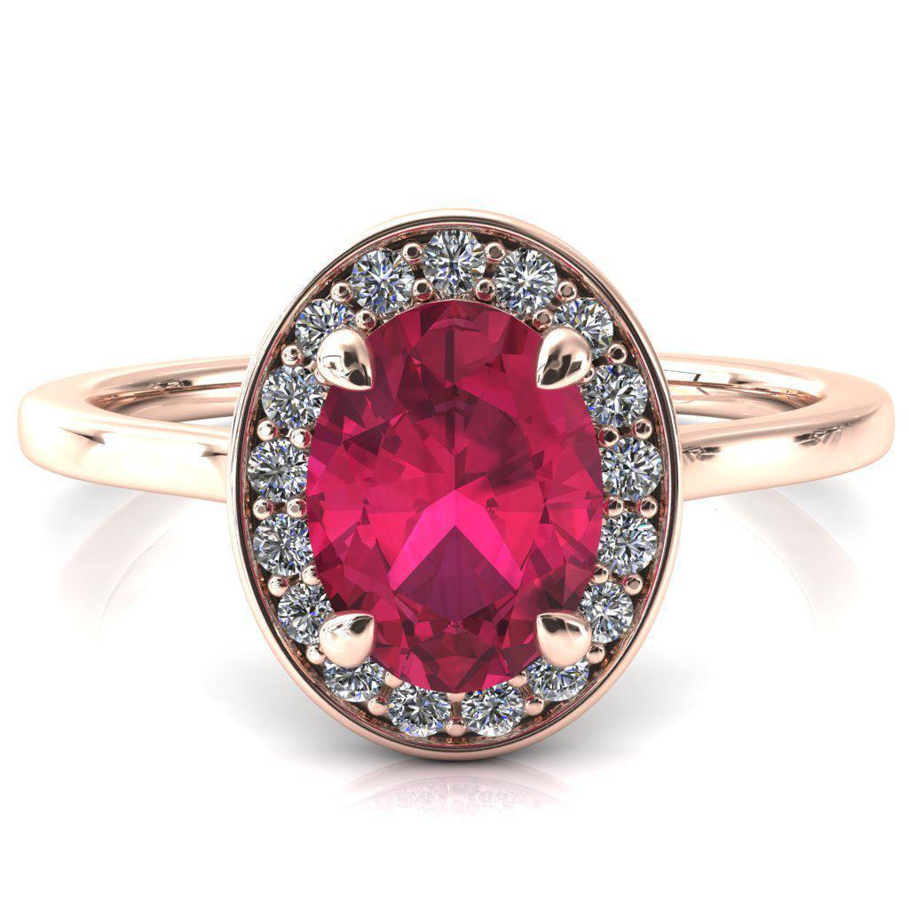 Holly Oval Ruby 4 Prong Pinpoint Floating Halo Scalloped Cathedral Ring-FIRE & BRILLIANCE
