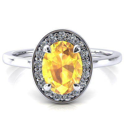 Holly Oval Yellow Sapphire 4 Prong Pinpoint Floating Halo Scalloped Cathedral Ring-FIRE & BRILLIANCE