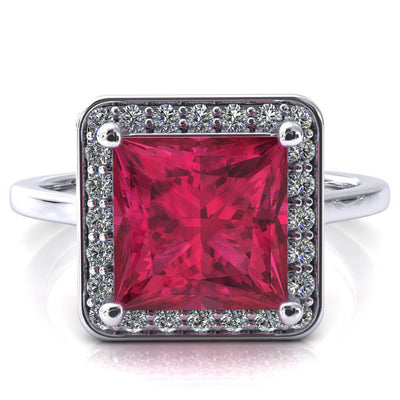 Holly Princess Ruby 4 Prong Pinpoint Floating Halo Scalloped Cathedral Ring-FIRE & BRILLIANCE