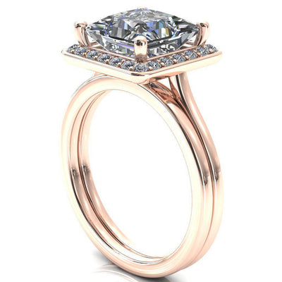 Holly Princess/Square Moissanite 4 Prong Pinpoint Floating Halo Scalloped Cathedral Ring-FIRE & BRILLIANCE