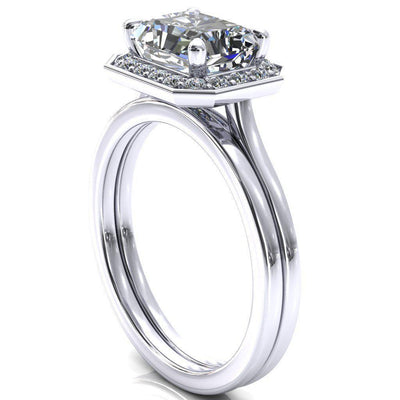 Holly Radiant Moissanite East-West 4 Prong Pinpoint Floating Halo Scalloped Cathedral Ring-FIRE & BRILLIANCE