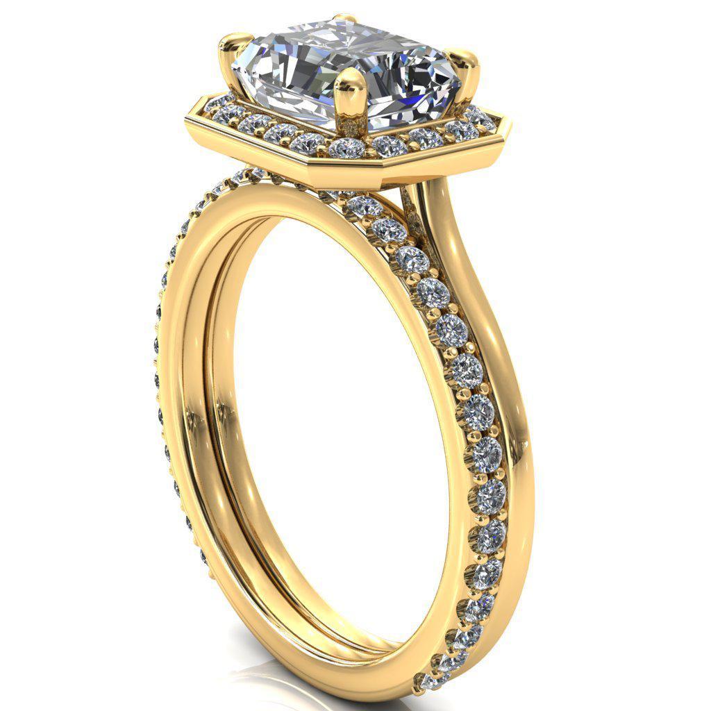 Holly Radiant Moissanite East-West 4 Prong Pinpoint Floating Halo Scalloped Cathedral Ring-FIRE & BRILLIANCE