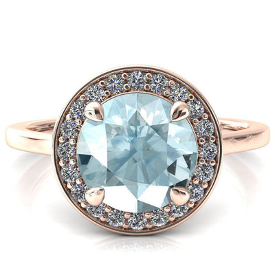 Holly Round Aqua Blue Spinel 4 Prong Pinpoint Floating Halo Scalloped Cathedral Ring-FIRE & BRILLIANCE