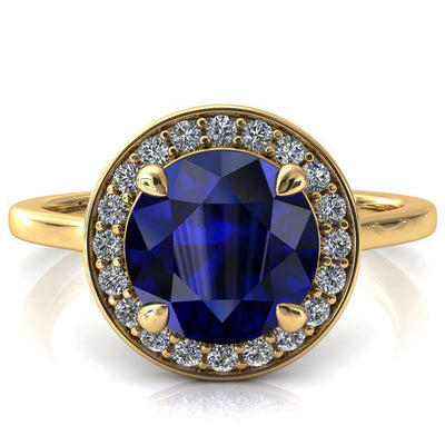 Holly Round Blue Sapphire 4 Prong Pinpoint Floating Halo Scalloped Cathedral Ring-FIRE & BRILLIANCE