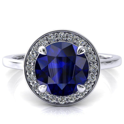 Holly Round Blue Sapphire 4 Prong Pinpoint Floating Halo Scalloped Cathedral Ring-FIRE & BRILLIANCE