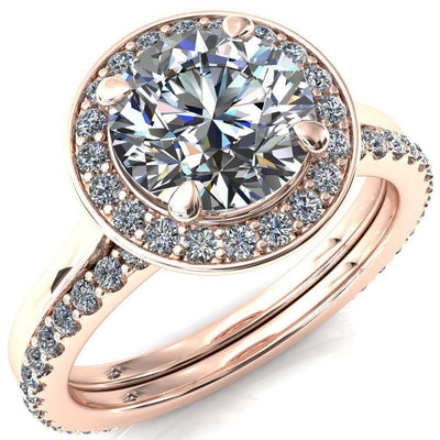Holly Round Moissanite 4 Prong Pinpoint Floating Halo Scalloped Cathedral Ring-FIRE & BRILLIANCE