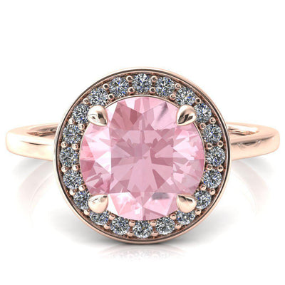 Holly Round Pink Sapphire 4 Prong Pinpoint Floating Halo Scalloped Cathedral Ring-FIRE & BRILLIANCE