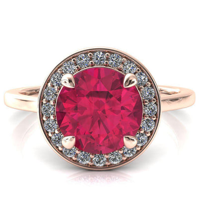 Holly Round Ruby 4 Prong Pinpoint Floating Halo Scalloped Cathedral Ring-FIRE & BRILLIANCE