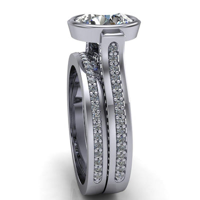 Iliana Round Moissanite 6 Diamond Sides Cathedral Engagement Ring-Custom-Made Jewelry-Fire & Brilliance ®