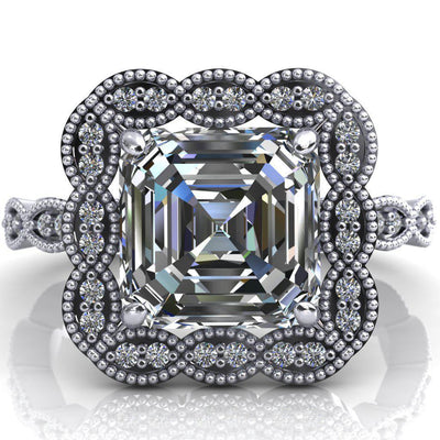 Ingrid Asscher Moissanite Calysta Halo Ring-Custom-Made Jewelry-Fire & Brilliance ®