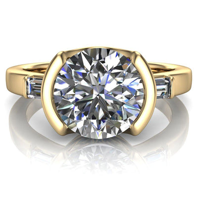 Iris Round Moissanite Half Bezel Baguette Diamond Side Ring-Custom-Made Jewelry-Fire & Brilliance ®