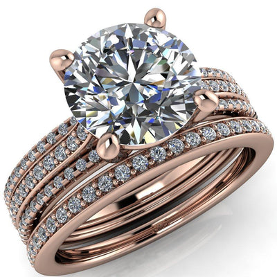 Isabella Round Moissanite Exquisite 4 Prong 3 Row Diamond Sides Ring-Custom-Made Jewelry-Fire & Brilliance ®