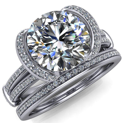 Isabelle Round Moissanite Half Bezel Tulip Split Bow Diamond Ring-Custom-Made Jewelry-Fire & Brilliance ®
