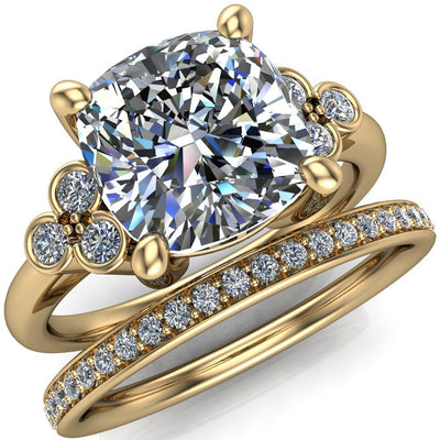 Jamielynn Cushion Moissanite Triple Diamond Side Bezel 4 Prong Engagement Ring-Custom-Made Jewelry-Fire & Brilliance ®