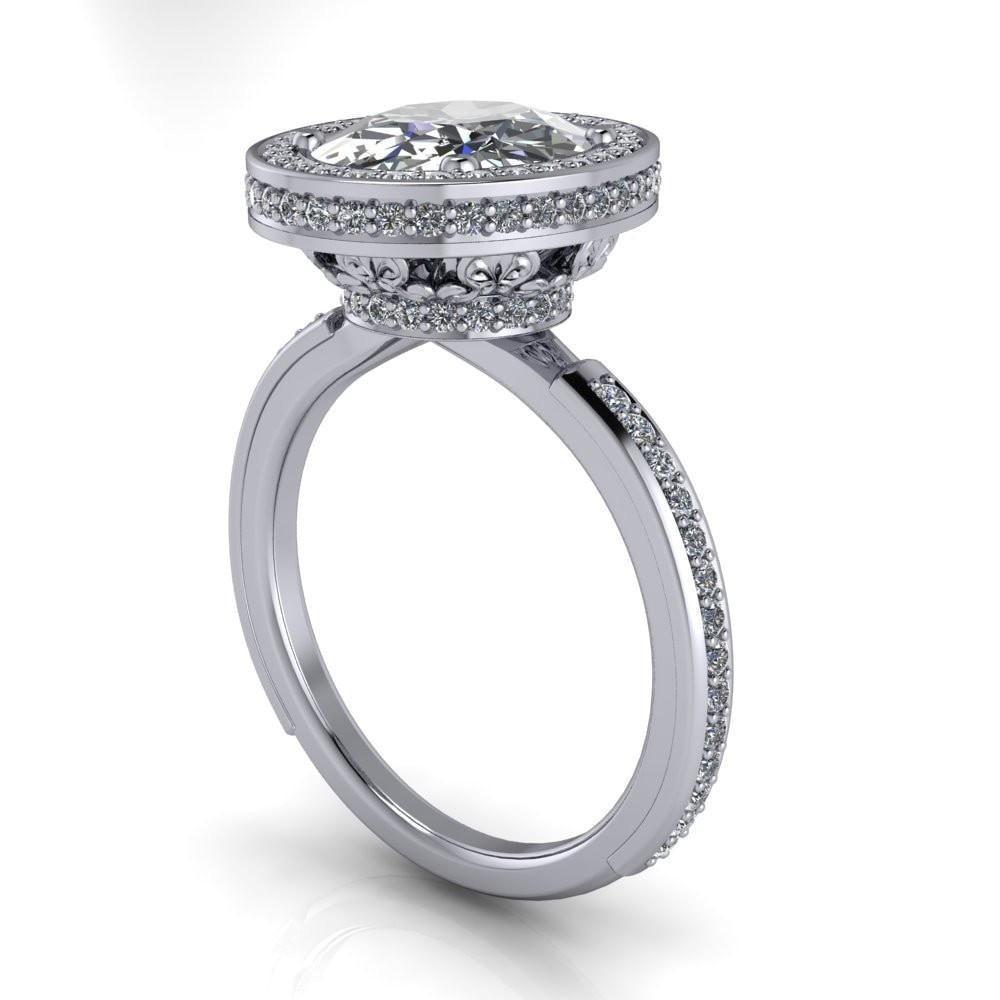 Janet Oval Moissanite with Diamond Halo and Shoulders Engagement Ring-Custom-Made Jewelry-Fire & Brilliance ®