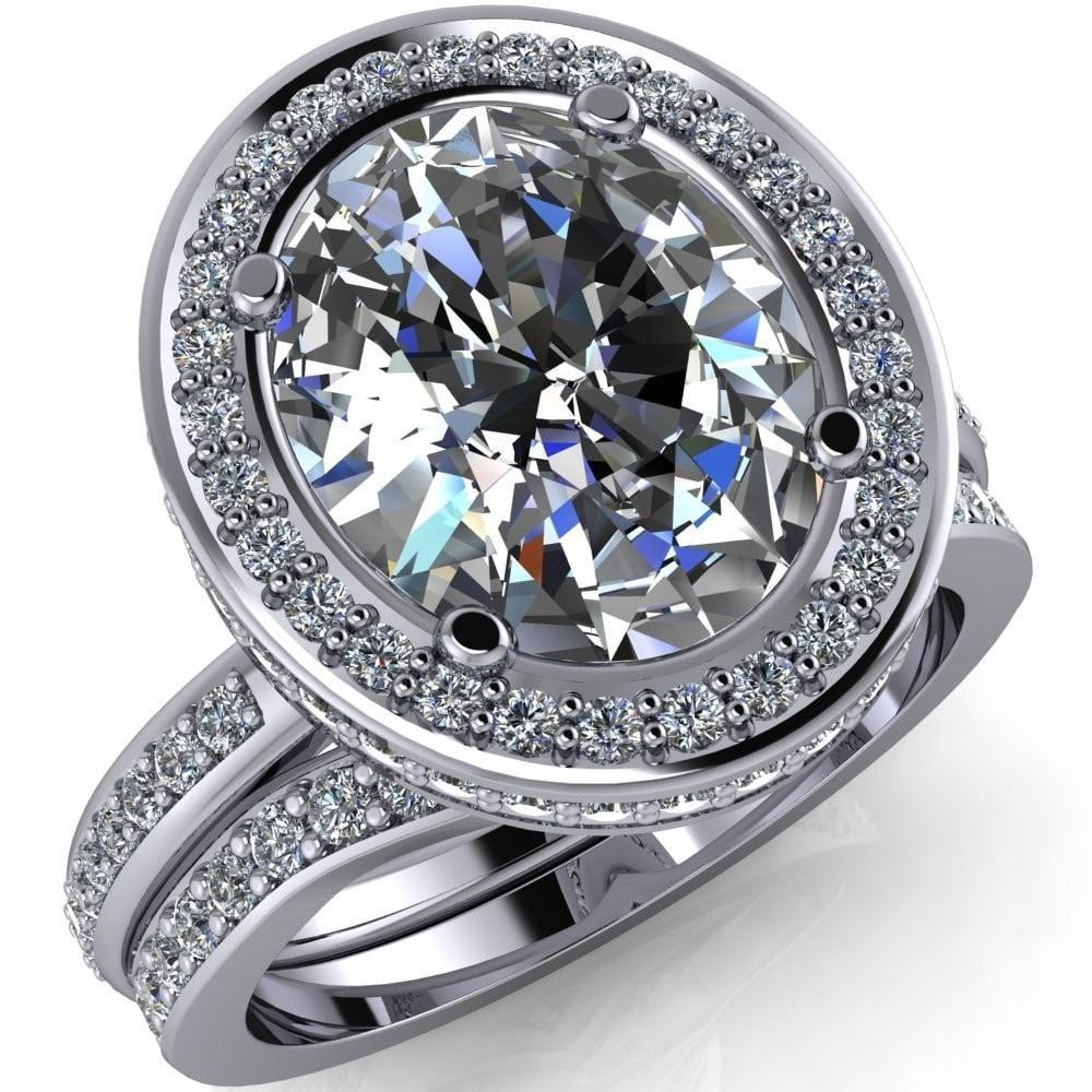 Janet Oval Moissanite with Diamond Halo and Shoulders Engagement Ring-Custom-Made Jewelry-Fire & Brilliance ®