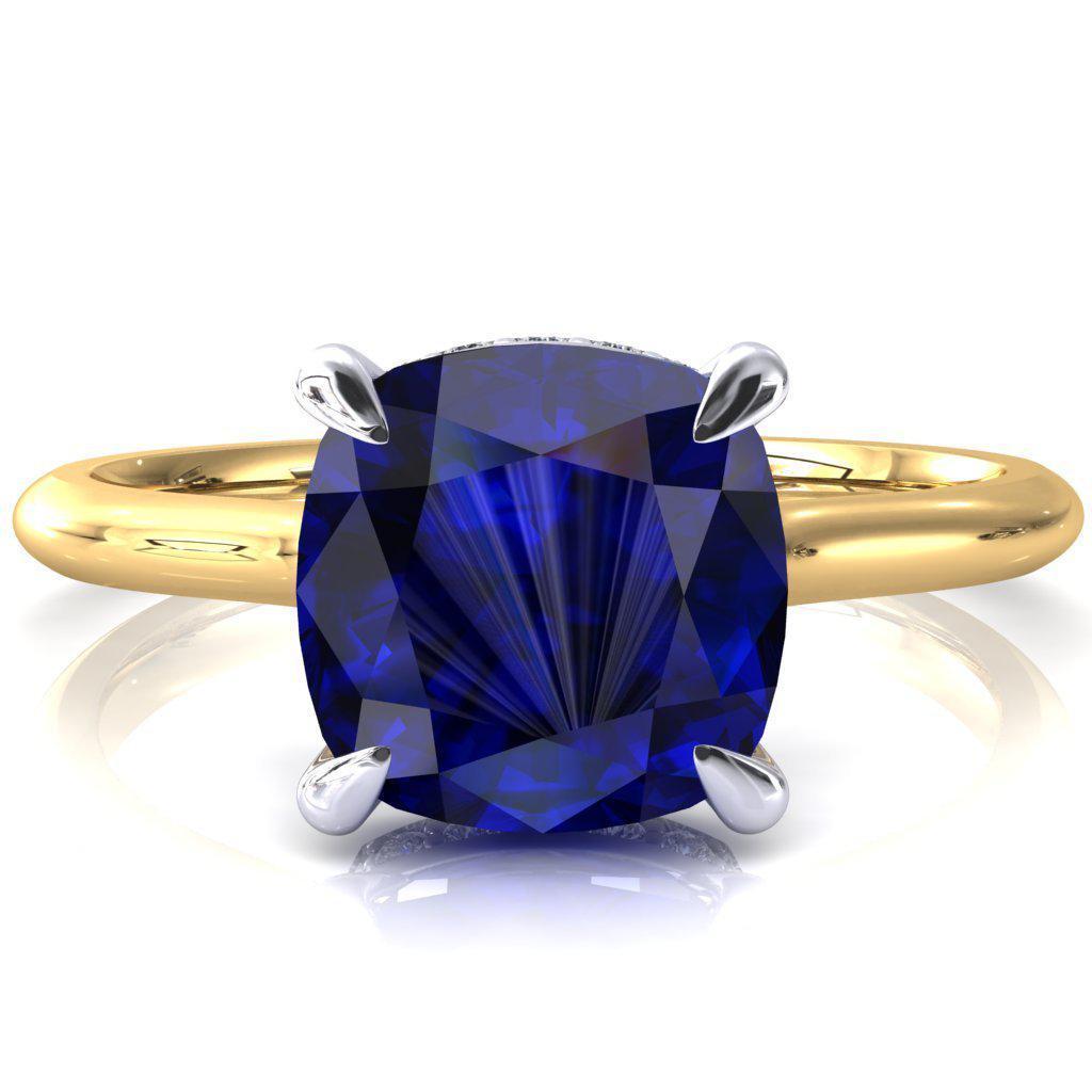 Janey Cushion Blue Sapphire 4 Prongs Claw Floating Halo Inverted Cathedral Ring-FIRE & BRILLIANCE