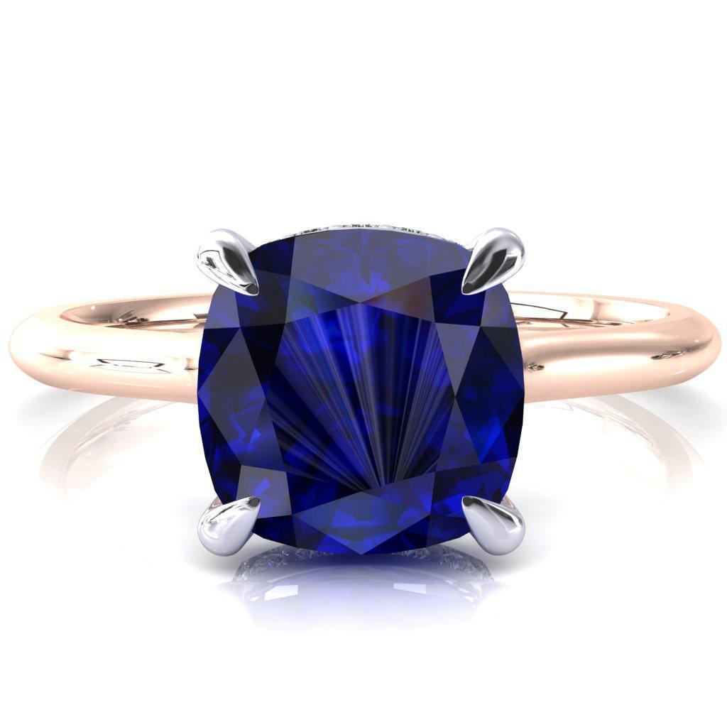 Janey Cushion Blue Sapphire 4 Prongs Claw Floating Halo Inverted Cathedral Ring-FIRE & BRILLIANCE
