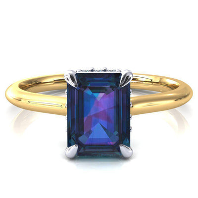 Janey Emerald Alexandrite 4 Prongs Claw Floating Halo Inverted Cathedral Ring-FIRE & BRILLIANCE