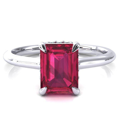 Janey Emerald Ruby 4 Prongs Claw Floating Halo Inverted Cathedral Ring-FIRE & BRILLIANCE