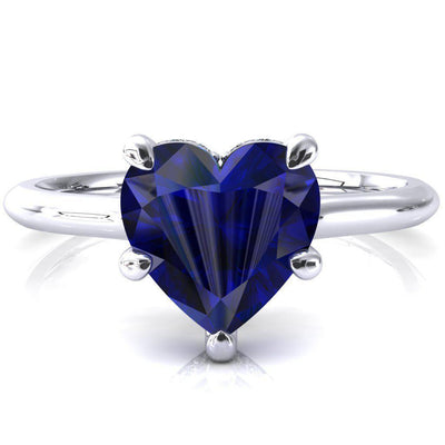 Janey Heart Blue Sapphire 5 Prongs Claw Floating Halo Inverted Cathedral Ring-FIRE & BRILLIANCE