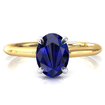 Janey Oval Blue Sapphire 4 Prongs Claw Floating Halo Inverted Cathedral Ring-FIRE & BRILLIANCE