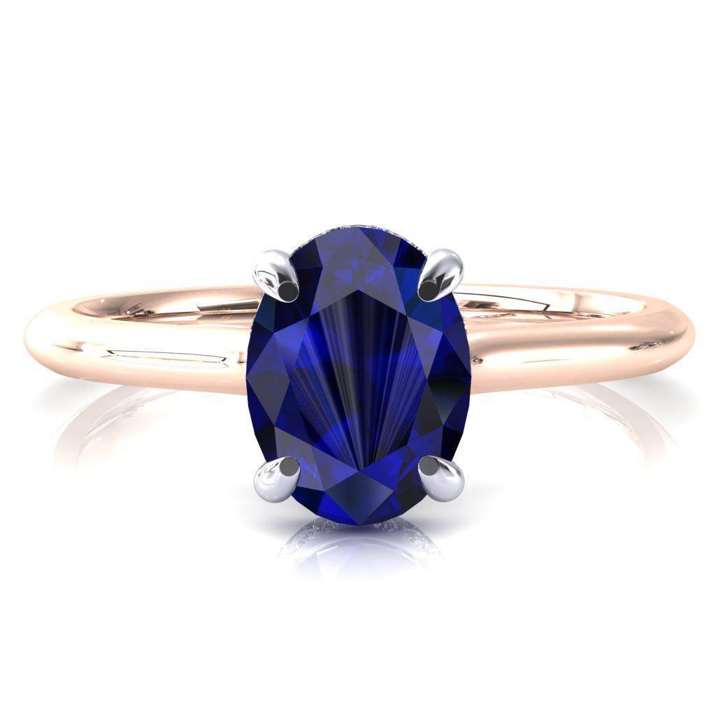 Janey Oval Blue Sapphire 4 Prongs Claw Floating Halo Inverted Cathedral Ring-FIRE & BRILLIANCE