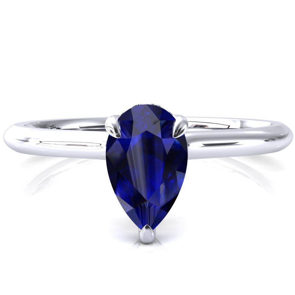 Janey Pear Blue Sapphire 3 Prongs Claw Floating Halo Inverted Cathedral Ring-FIRE & BRILLIANCE