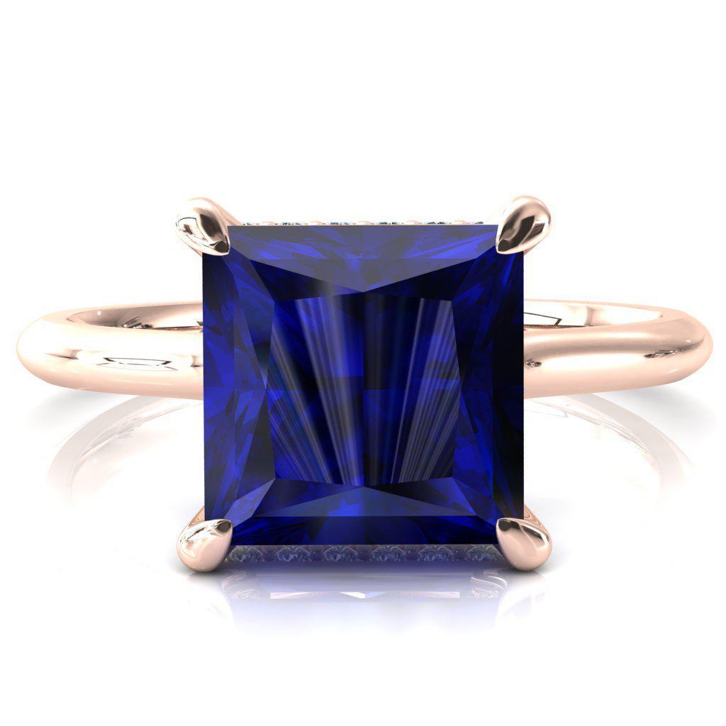 Janey Princess Blue Sapphire 4 Prongs Claw Floating Halo Inverted Cathedral Ring-FIRE & BRILLIANCE