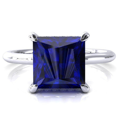 Janey Princess Blue Sapphire 4 Prongs Claw Floating Halo Inverted Cathedral Ring-FIRE & BRILLIANCE