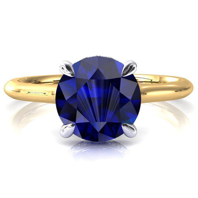 Janey Round Blue Sapphire 4 Prongs Claw Floating Halo Inverted Cathedral Ring-FIRE & BRILLIANCE