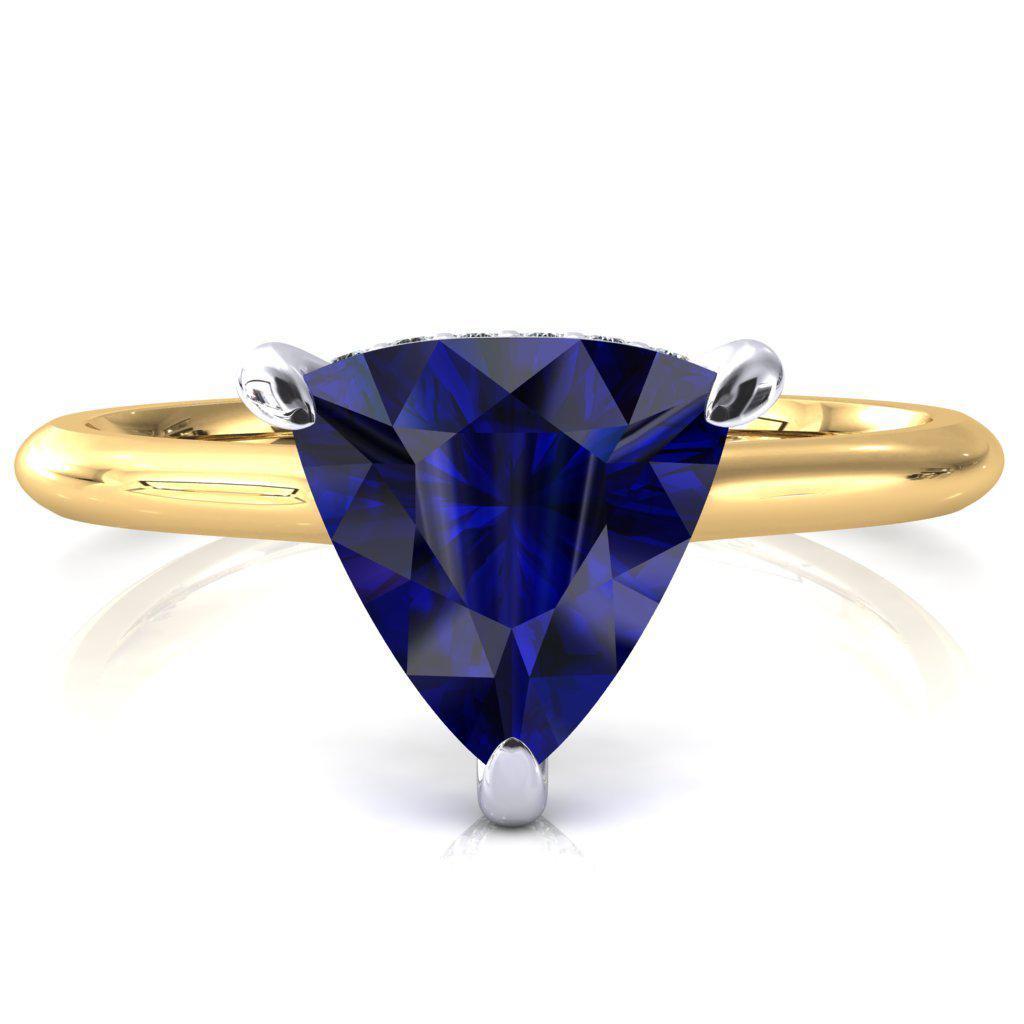 Janey Trillion Blue Sapphire 3 Prongs Claw Floating Halo Inverted Cathedral Ring-FIRE & BRILLIANCE