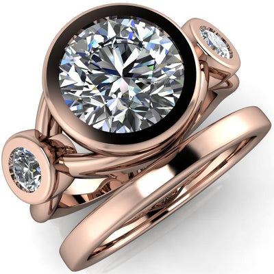 Janie Round Moissanite 3 Stone Full Bezel Split Band Engagement Ring-Custom-Made Jewelry-Fire & Brilliance ®