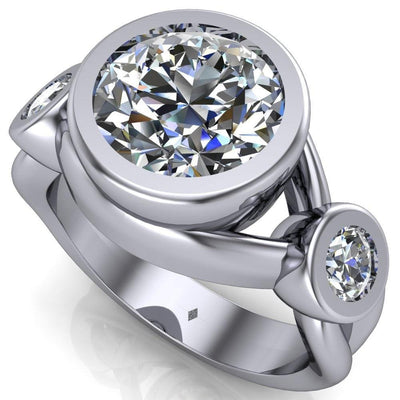 Janie Round Moissanite 3 Stone Full Bezel Split Band Engagement Ring-Custom-Made Jewelry-Fire & Brilliance ®